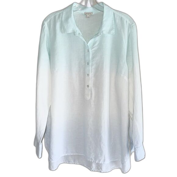 Talbots Popover Top Size XL Linen Ombre White Blue Green Long Sleeve Shirt - Picture 1 of 10